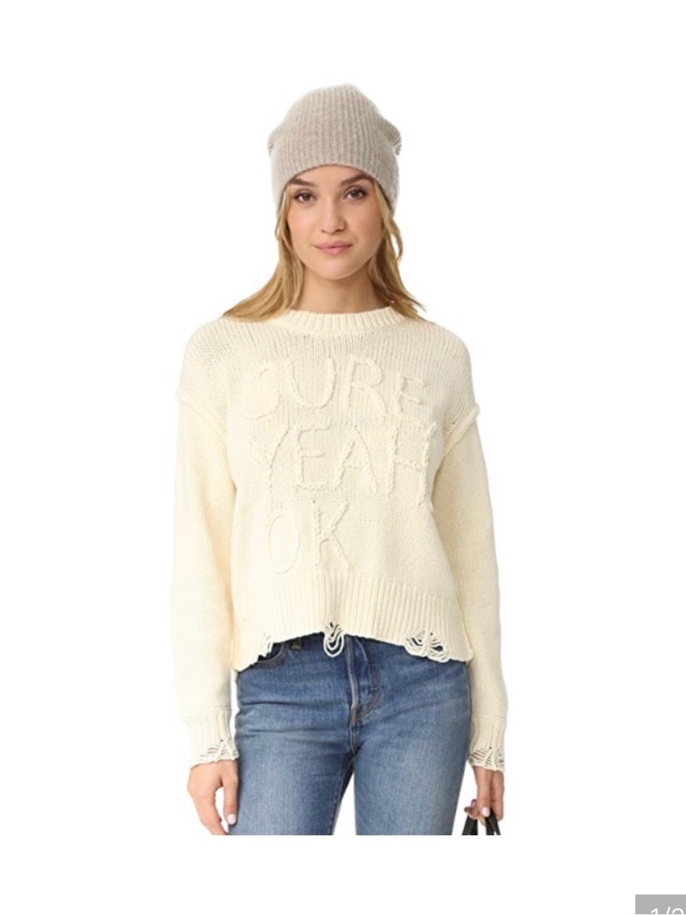 Wildfox Cream Knit 'Sure Yeah Ok' Distressed Pullover